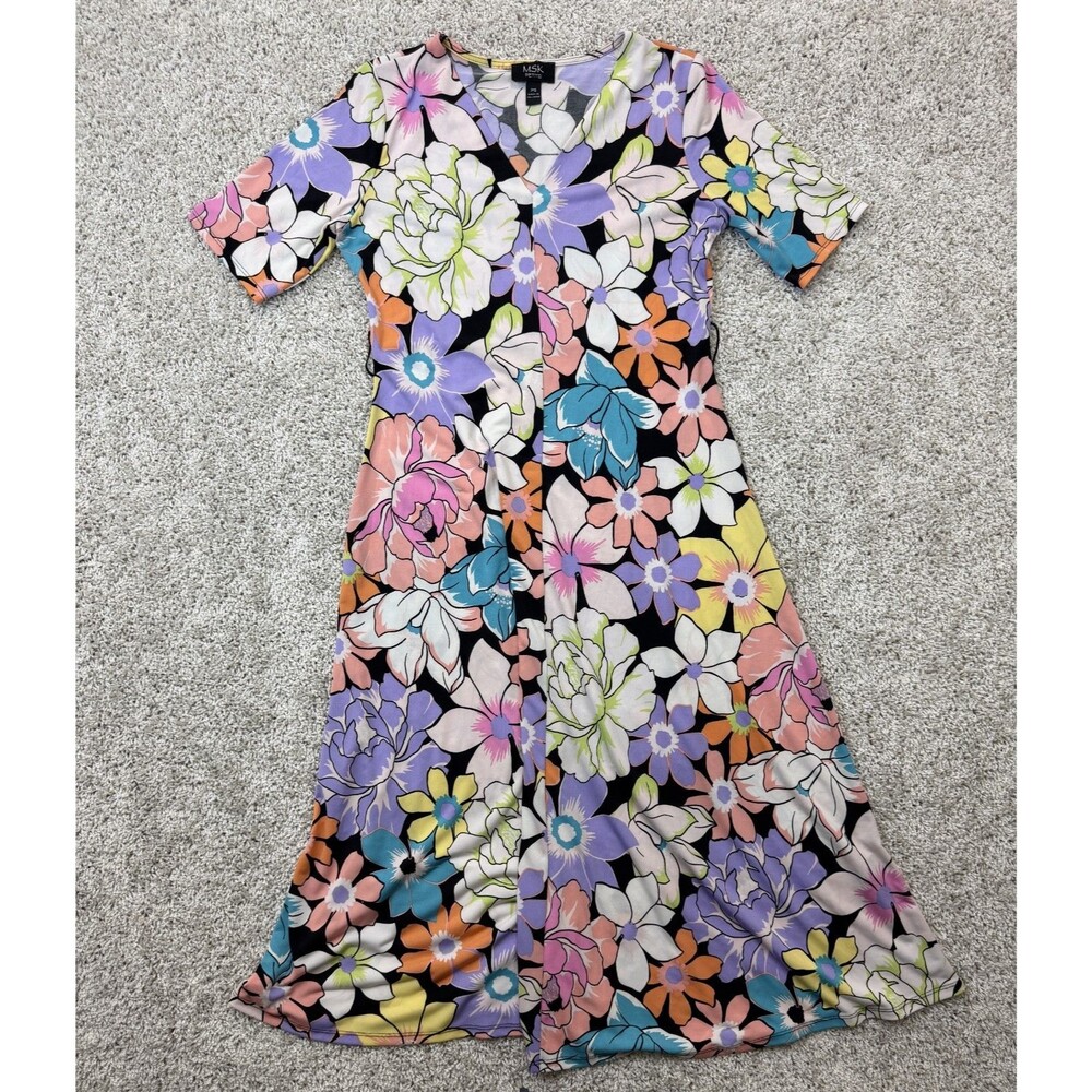 MSK Petite Women's PS Floral Maxi Dress Multicolor V-Neck Short Sleeve Stretch